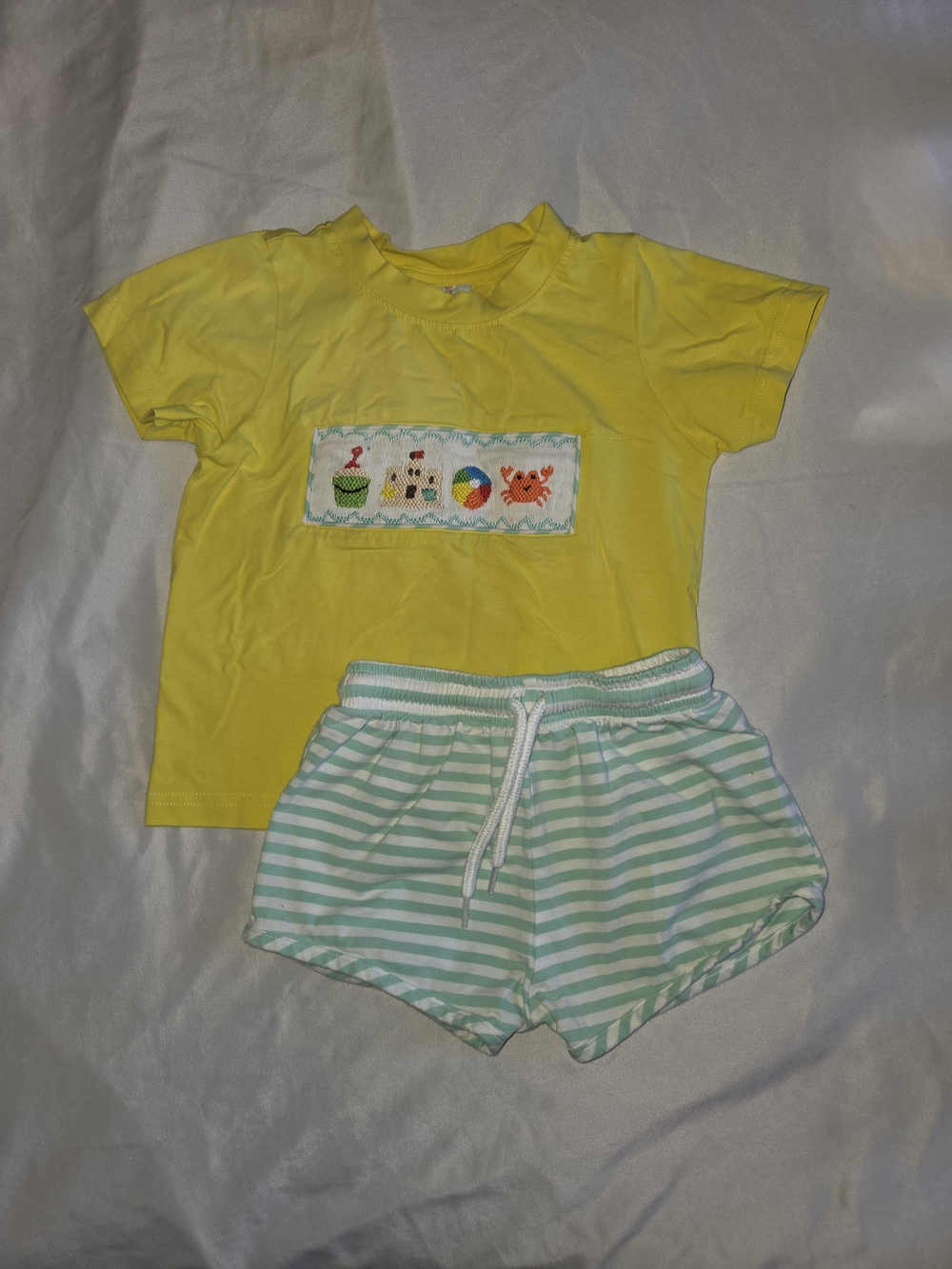 Yellow Smocked Little Boy Short Set With Beach Motif